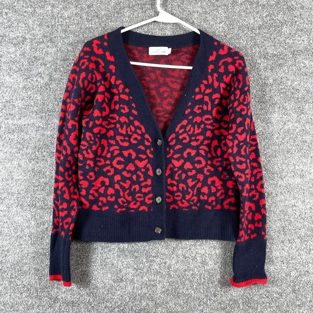 Vineyard Vines Sweater Womens Small S Red Black Cardigan Wool Blend AOP Preppy
